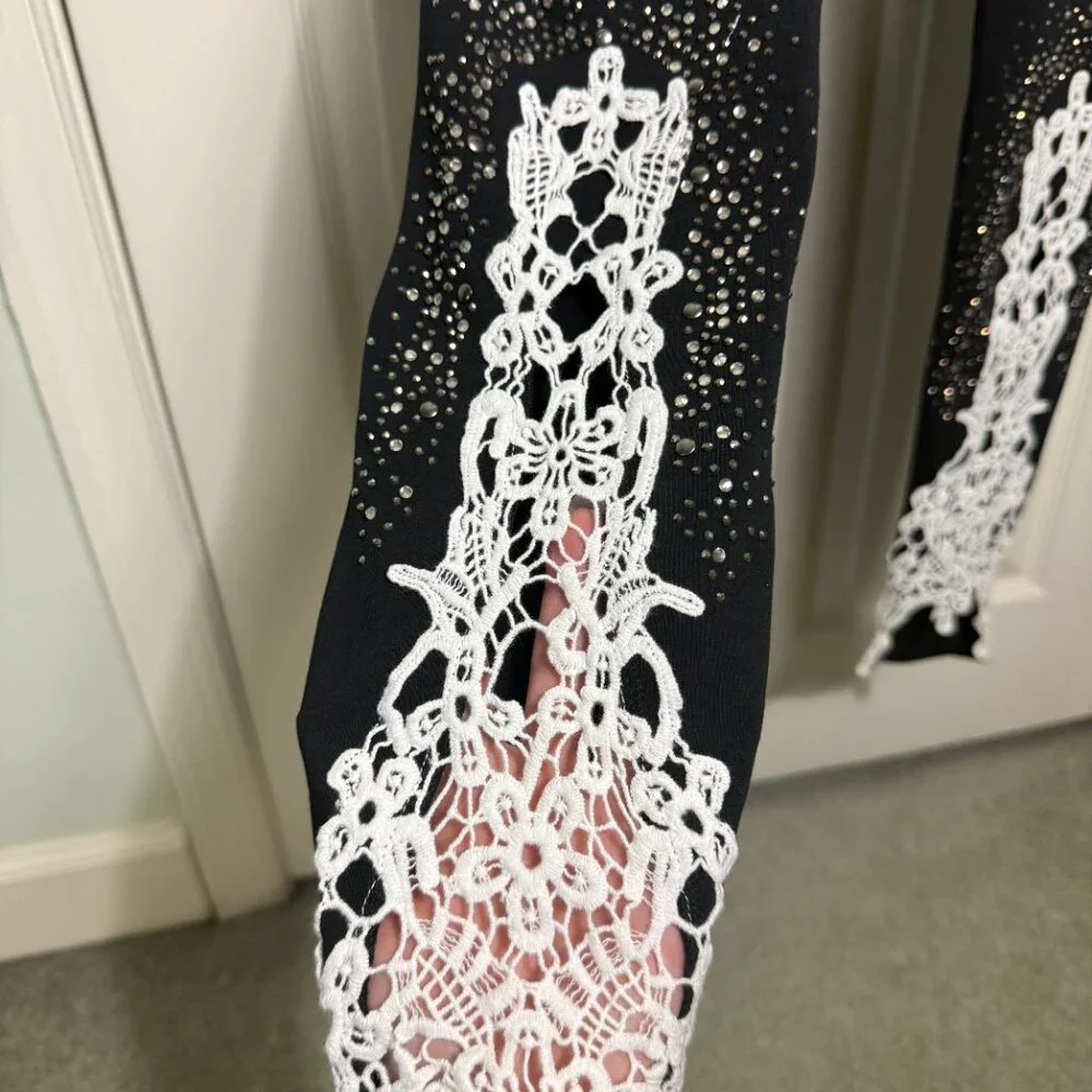 VENUS Black Embellished Lace Hem Leggings – Size XS (New with Extra Rhinestones) - Picture 4 of 6